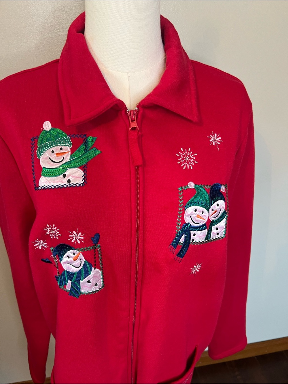 Vintage Christmas Fleece Zip Up Red Snowmen Large Breckenridge Christmas Holiday